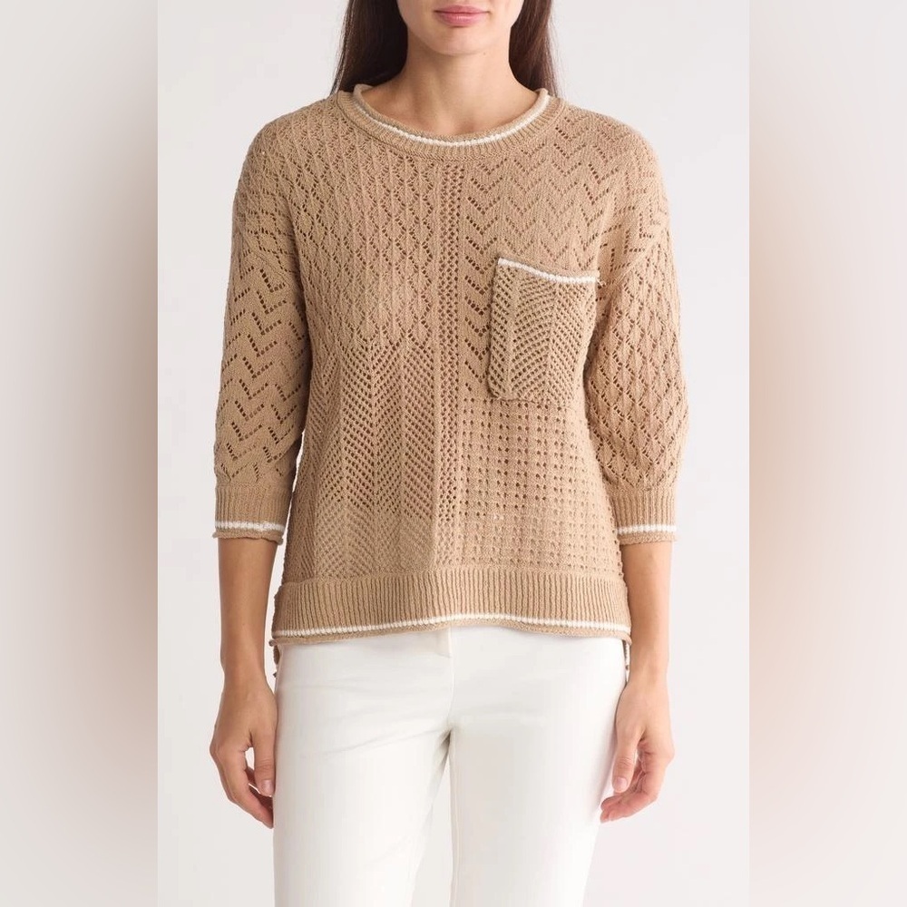 Democracy Pointelle Tipped Sweater Size Large Crewneck 3/4 Sleeve New